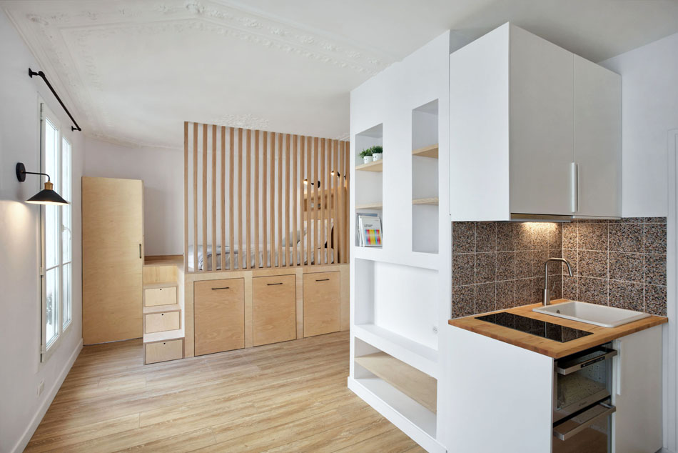 Rénovation appartement 22m2 minimaliste bois blanc terrazzo- Paris - Erika Design- petits espaces - Optimisation élégante petit appartementAménagement Petits Espaces Luxe : Conseils