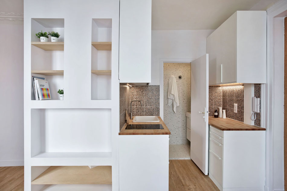 Rénovation appartement 22m2 minimaliste bois blanc terrazzo- Paris - Erika Design- petits espaces Optimisation élégante petit appartement