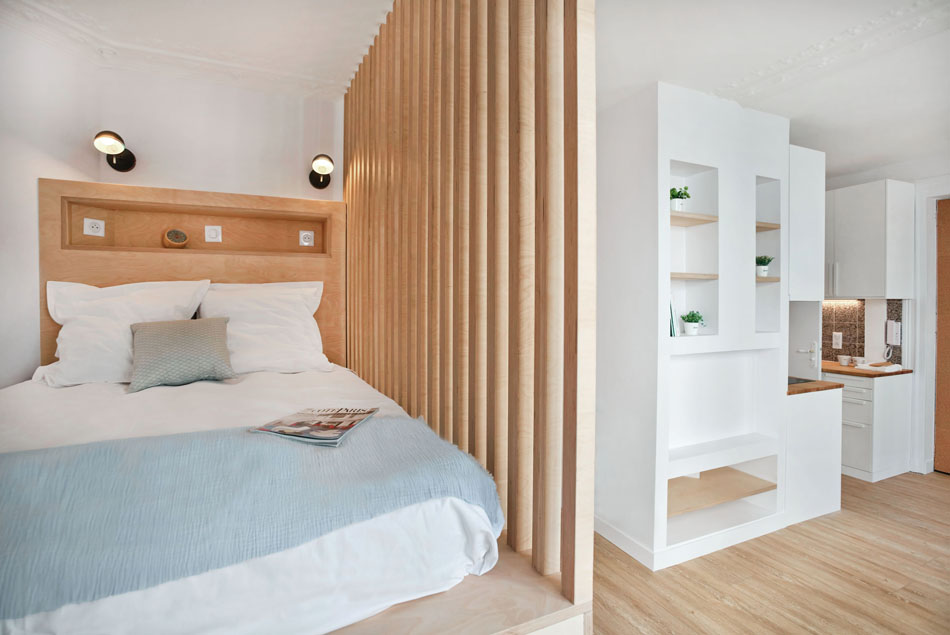 Rénovation appartement 22m2 minimaliste bois blanc terrazzo- Paris - Erika Design- petits espaces Optimisation élégante petit appartement