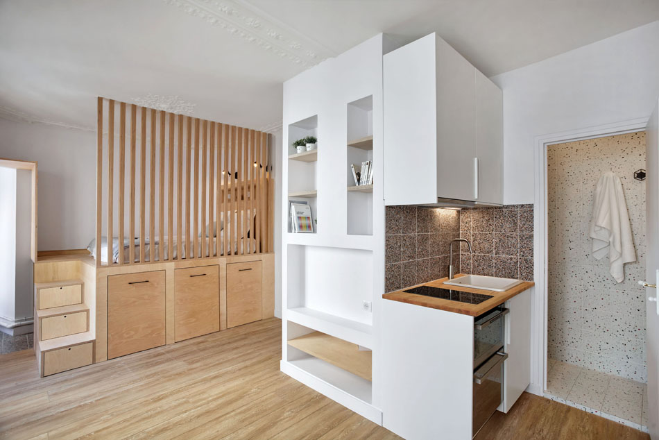 Rénovation appartement 22m2 minimaliste bois blanc terrazzo- Paris - Erika Design- petits espaces